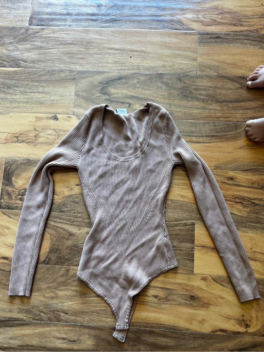 Abercrombie & Fitch Ribbed Long-Sleeve One-Piece Bodysuit - Taupe